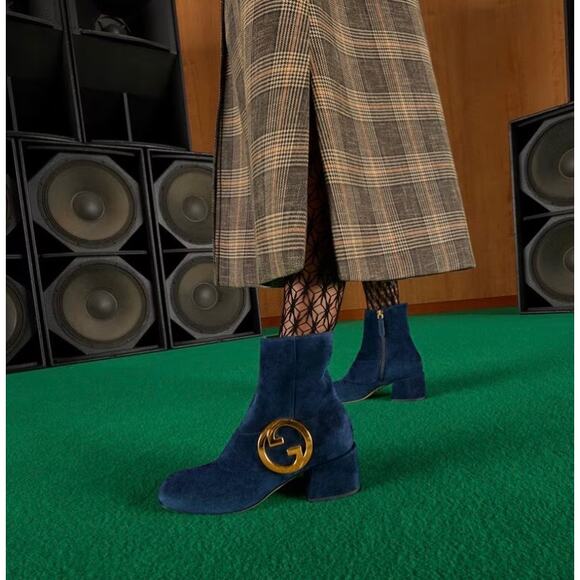 Gucci Blondie Block Heel Booties in Blue Suede - Picture 2 of 14